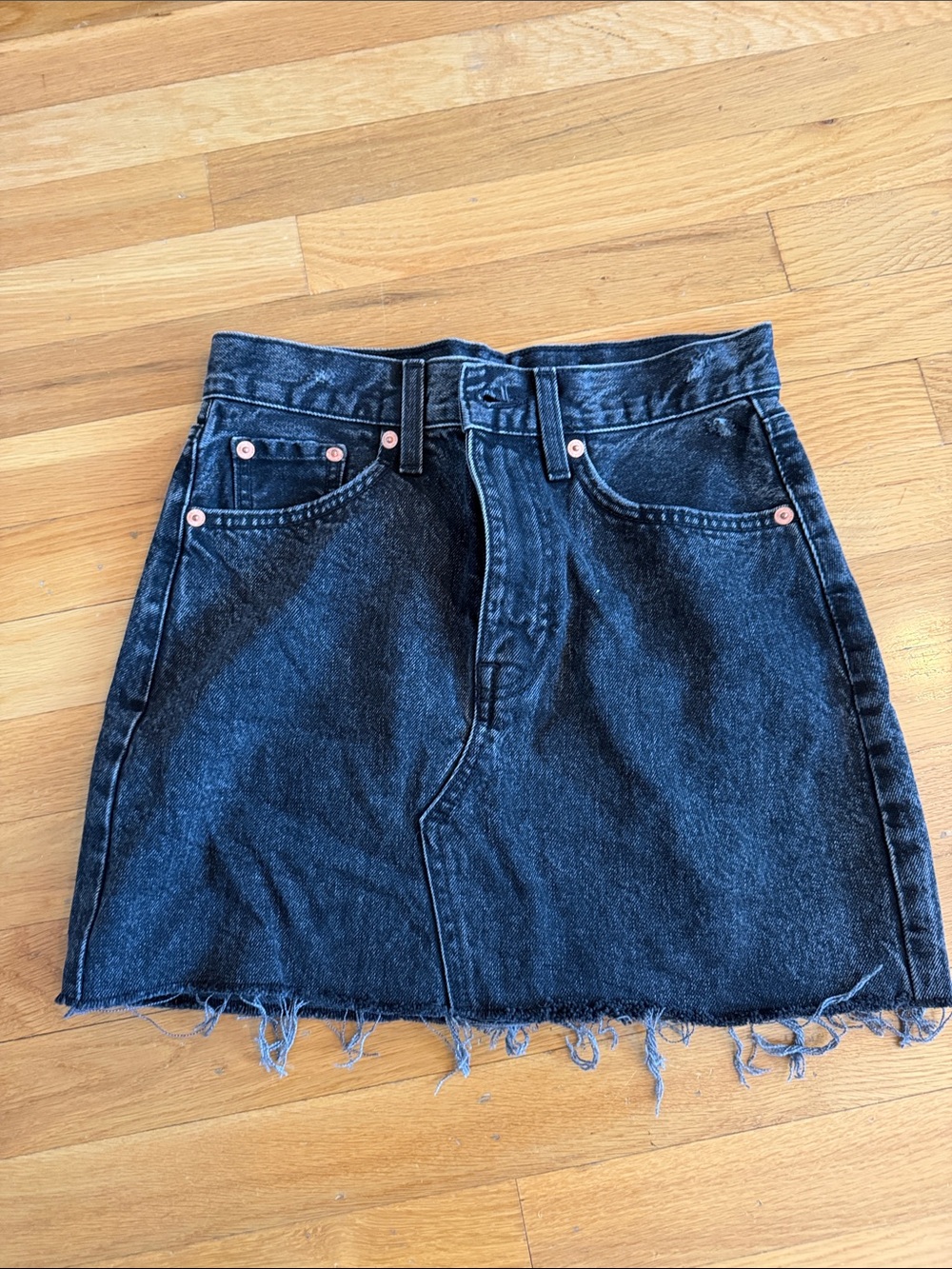 Mango Black Denim Mini Skirt with Frayed Hem